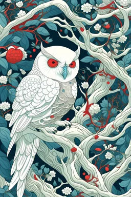 James Jean style illustration of a white owl in a tree