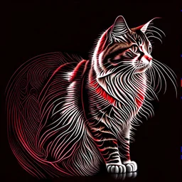 Art illustration lineal art gato calicó calidad ultra, hiperdetallado, 12k, fondo negro, color blanco, rojo, negro y marrón full body