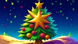 fantasy cartoon style illustration: a golden star on top of the Christmas tree, decorated wit red and purple christmass balls, in the snow