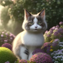 pixar style, volumetric summer garden environment and background, volumetric lighting, dramatic lighting, realistic painting of an cat, looking excited, detailed digital painting, extreme dense and fine fur, anime, ornate, colour-washed colors, elegant, small minutiae, tiny features, particulars, centered, smooth, sharp focus, renderman gofur render, 8k, uhd, detailed eyes, realistic shaded volumetric lighting, sunlight caustics, backlight, centered camera view