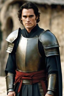 Joaquin Phoenix from year 2000, beachy haircut, black hair, in medieval setting, in burnished medieval samurai armor