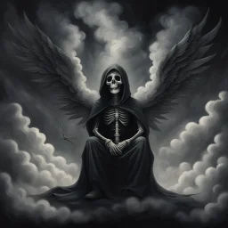 person sitting on a dark background. The dominant colors are black and gray, which give the scene an ominous and mysterious character. The person has their face turned upwards and blows cigarette smoke from their mouth, which enhances the impression of intrigue. It depicts a figure with wings emerging from its back, as if transforming into some supernatural creature. a hooded skeleton can be seen behind the clouds of smoke. he holds a scythe in one hand and a touch person in the other