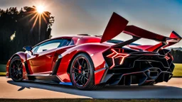 A sleek (((a fusion of lamborghini veneno and bugatti chiron))), its glossy shell reflecting the (((bright sun))), cutting through a (((clear bright blue morning sky)))