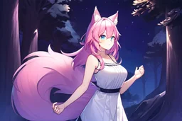 Forest , night, girl, blue eyes, pink hair, big wolf tail, wolf ears, wolf paws