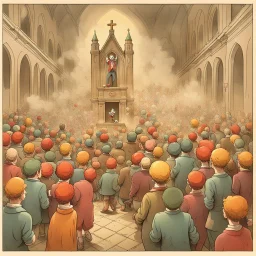 many clowns begin to throw bottles filled with an unknown liquid into the crowd inside the gloomy church, lot of smoke