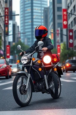 a full body anime driving byke in modern city street, no safty hat