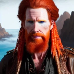 Portrait of courtney gains as a ruggedly handsome but joyful roguish pirate, charismatic, attractive male, masculine, perfect, precisely detailed, lightly freckled face, meticulously detailed multi-hued ginger carrot cherry fire red hair; malachai of the corn; fantasy, intricate, elegant, highly detailed, digital painting, artstation, concept art, matte, sharp focus, illustration, art by artgerm and greg rutkowski and alphonse mucha