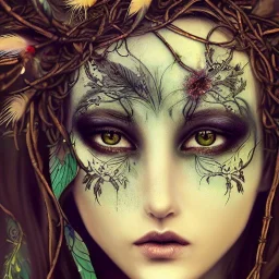 karlan, rusty metal, feathers, Dryad, fae, sidhe, ominous, nature, plants, wildflower, facepaint, dnd character portrait, intricate, oil on canvas, masterpiece, expert, insanely detailed, 4k resolution, retroanime style, cute big circular reflective eyes, cinematic smooth, intricate detail , soft smooth lighting, soft pastel colors, painted Renaissance style