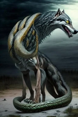 huge humanoid wolf with a snake instead of tail