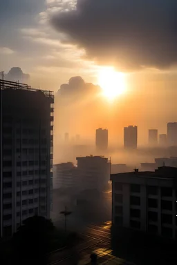 A beautiful misty sunrise in the city of colombo srilanka with the sky scrapers in view while the light leaked through the corner of a building.