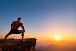 a muscular man views sunset from a cliff