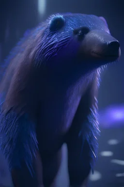 beaver grizzly bear mink anteater vicuna mynah bird,4k, moody cinematic lighting, realistic, highly detailed, blade runner style, blue and purple, highly detailed, conceptual art, volumetric, octane render, unreal engine,