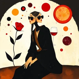 create an abstract surreal gouache painting inspired by Joan Miró, with symbolic shapes suggesting a woman in a robe with braided hair and sunglasses, sitting near a red rose, holding a glass of wine, abstract floating forms and playful cosmic shapes in a golden-red sunset palette --ar 16:9 --v 7 --style 4b --q 2