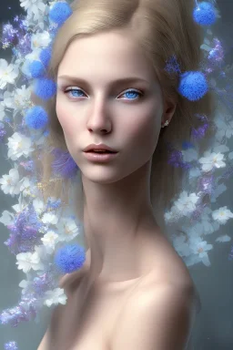 femme nue long cheveux blond yeux bleus portrait, 8k resolution, flower head and body, beautiful
