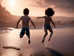 children jumping in the water on a beach capture them against the sun and make an art silhouette, hyper details, real sharp, 8k, cinematic