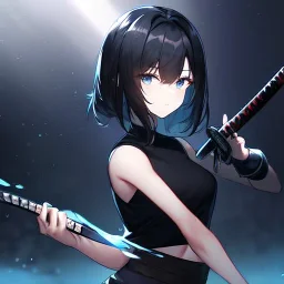 Clear focus,High resolution, black short fluffy hair, long fluffy bangs, and dark blue eyes, Depressed girl, wearing a black short shirt with a black sleeveless crop top, dark aura, controlling water, in a black room, holding a katana