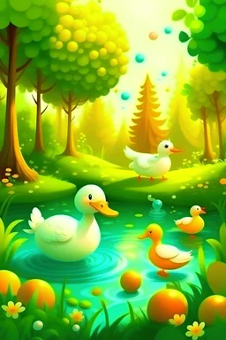 A duck plays with a colored ball and swims with its friends in a green forest with a chicken and many animals with clouds and the sun. A drawing without details. A simple drawing.