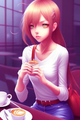 girl sitting in a cafe, anime, perfect anatomy