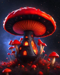 An illogical floating mushroom house on a clear moonless night. . Bright Bold Bright Colors, red orange yellow black, Starry Dark cosmic interstellar. Detailed Matte Painting, deep color, fantastical, intricate detail, splash screen, hyperdetailed, insane depth, concept art, 8k resolution, trending on Artstation, Unreal Engine 5, color depth, backlit, splash art, dramatic, High Quality Whimsical Fun Imaginative Bubbly, perfect composition