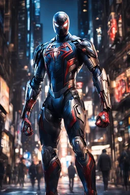 Photography Full body robot cyborgs mechanical realistic spiderman hyper detailed,background night city street