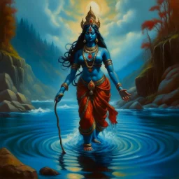 An oil painting of goddess Kali crossing a lake