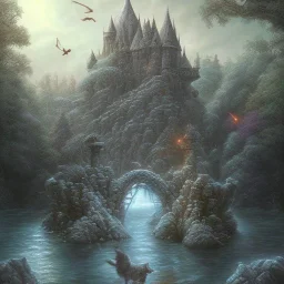 fantasy art, upper body of big mad wizard on very tight stone bridge ,icy water, on the bridge is a wolf, there is also a hawk and everything is seen from the tree tops