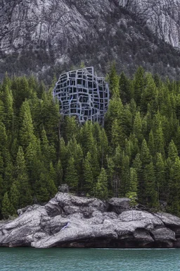 alien building on a lake shore with trees and rocks