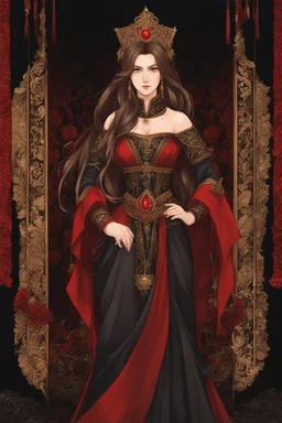 woman with long brown hair and red eyes, medieval concubine, anime style, highly detailed, intricate background, red and black clothes, confident, arrogant