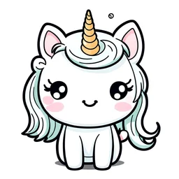 create a cute kawaii unicorn illustration black outlined with white background and clear line art