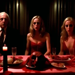 Movie shot, spooky, ultra realistic distress, dining, ultra realistic hot woman, pieces of meat, creepy, organic ail dynamic, anguish, excited woman, hypermaximalist figures, Creepy, Alfred Hitchcock, Sam Raimi, sinister, John Carpenter, Dario Argento, ornate