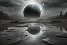 grey sky, planet in the sky, puddle, sci-fi, mountains, galactic cosmic influence