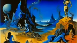 A dark blue chaotic realm with pixies painted by Salvador Dali