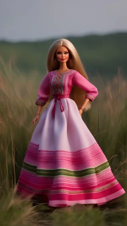 outfit ideas for Barbie doll full grow on the field whis flowers. Ukrainian embroidered dress boho style - ethnic vyshyvanka ombre pink green olive