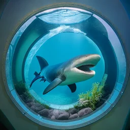 A cute little Basking Shark in a small circular fish tank.