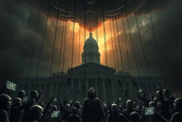 an oppressive government looms above, pulling the strings of puppets below, the news media broadcasts their suffering everywhere, dystopian, dread, horror