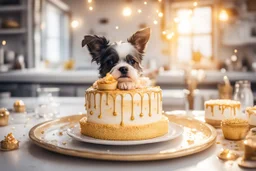 birthday cake, chibi dog in a beautiful kitchen, heart and love in the sunshine, watercolor and black ink outlines, sparkling golden glitter, ethereal, cinematic postprocessing, bokeh, dof