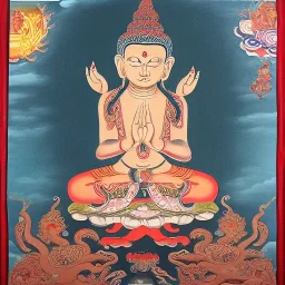 buddhist god painting with octopus body AND cow head with detailed jewelry and 4 eyes