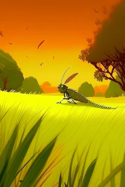 Grasshopper，Rice field，Trees，Warm color palette，Animation，Fried grasshopper