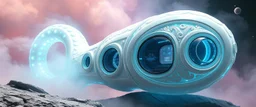 celtic knot hollow tube transparent core ornate indented space ship, shiny bright slug mega ship snail flourescent white blue like bubble gum with a few big windows and decks, interdimensional twister, rock against colored spaced fog, space interior