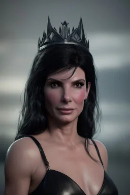 Young Sandra Bullock as evil queen in black leather gown, angry, busty, curvey, cleavage, unreal 5, octane render,cinema4d, dynamic lighting, dramatic lighting, 4k, redshift render, highly detailed, hyper realistic