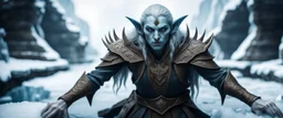 close up on psionic ancient elf in threatening pose on ice stone bridge