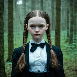 Young elle fanning as Wednesday addams, braids, in tge woods