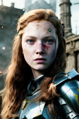 ultrarealistic, concept art,ruined city,__intricate fantasy armor__, no star, __angles__, 14 year old woman, strikingly beautiful,ginger hair, _colour_, (pale __skincolor__ skin:1.2), __camera__, long hair, detailed face and eyes, medium breasts, sci-fi theme, freckles, dynamic pose, resolved expression, __accessory__, strappy outfit, (straps:1.1), sword in scabbard on left hip, (buckles, buttons, snaps, rings:1.0), haltertop style breastplate, detailed eyes, plump lips