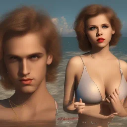 Aaron Carter with sexy Clara Bow, stormy seas, two people, Aaron Carter, romance, romantic, water, swimming, DAZ3D, by Michael Turner, soft lips, cinematic lighting, studio lighting, shine, 4K, fantastic view, girls at beach with her.