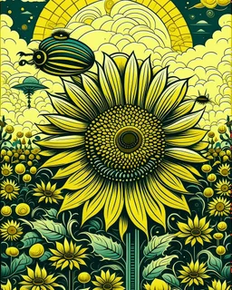 giant sunflower, with beautiful bees flying around, in shephard fairey style graphic, urrounded by golden leaves, sharp detailed graphic, garden background with blue sky and white clouds.