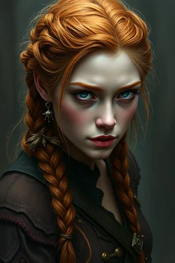 a pretty fantasy woman, young, braided ginger hair, protective, troubled, dark fantasy art