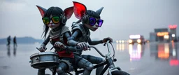 girls with glasses and ticks, cyberpunk imagery synchronized mechanical gremlin rat bat drumming kit trike flickering stable core, wet reflective salt flat city