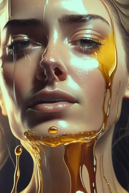 transparent Liquid honey dripping from woman face, photorealistic beautiful woman, light hair, full body, cover, hyperdetailed painting, luminism, Bar lighting, complex, 4k resolution concept art portrait by Greg Rutkowski, Artgerm, WLOP, Alphonse Mucha,