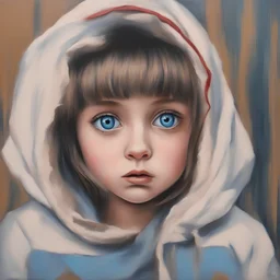 Sad Little girl in the style of Margaret Keane, huge blue eyes, shiny oil painting, red