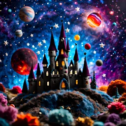 Detailed creepy castle made of felt, stars, galaxy and planets, sun, volumetric light flowers, naïve, strong texture, extreme detail, Max Ernst, decal, rich moody colors, sparkles, Harry Potter, bokeh, odd